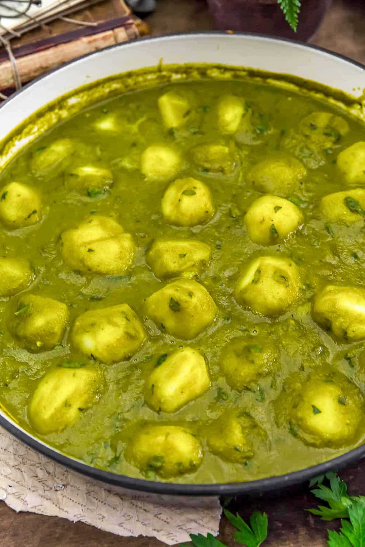 Close up of Easy Oil Free Aloo Palak (Potato Spinach Curry)