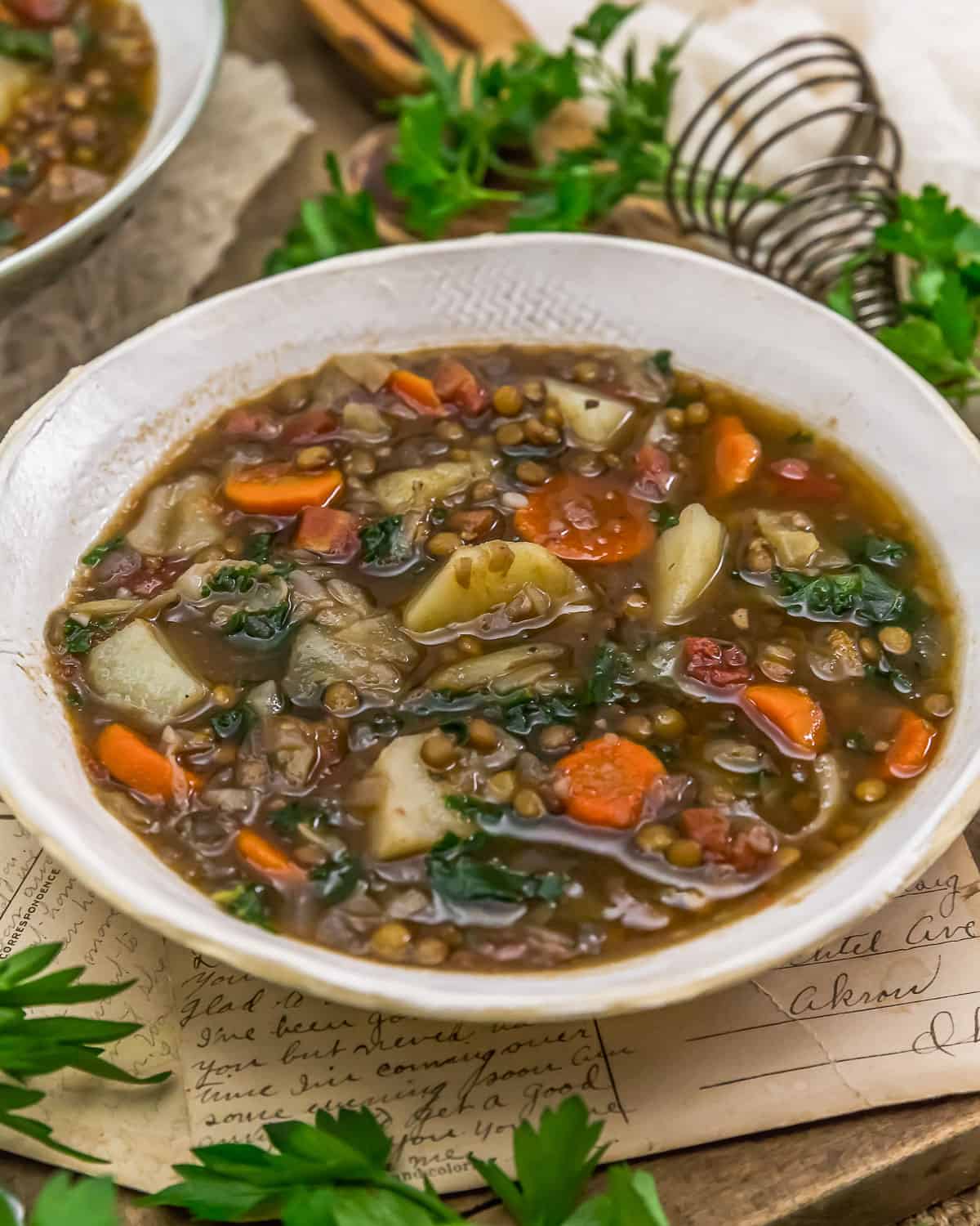 Close up of French Country Cabbage Lentil Soup