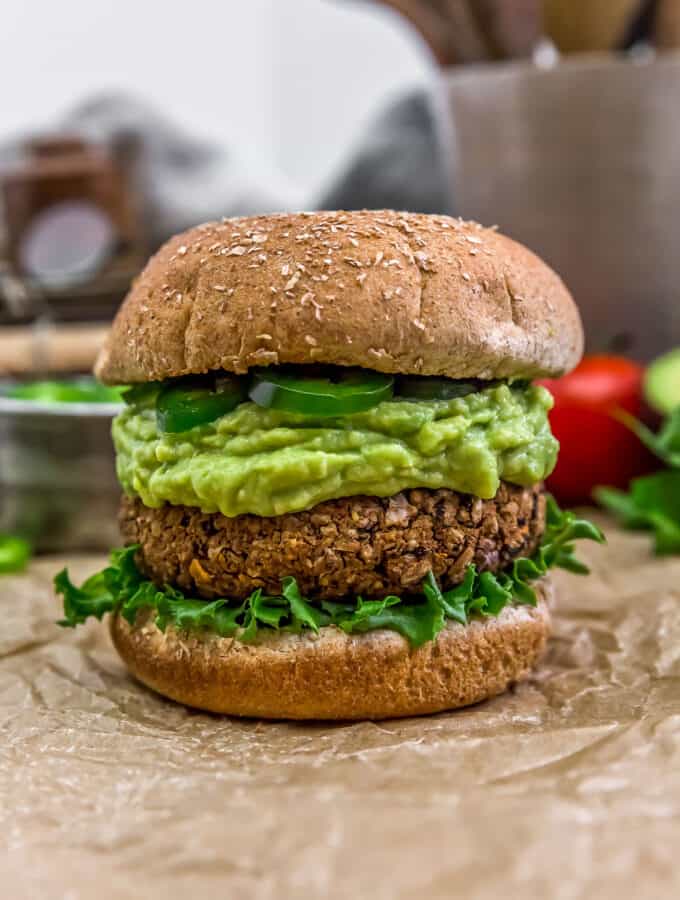 Mexican Bean Burger with guacamole and jalapeños