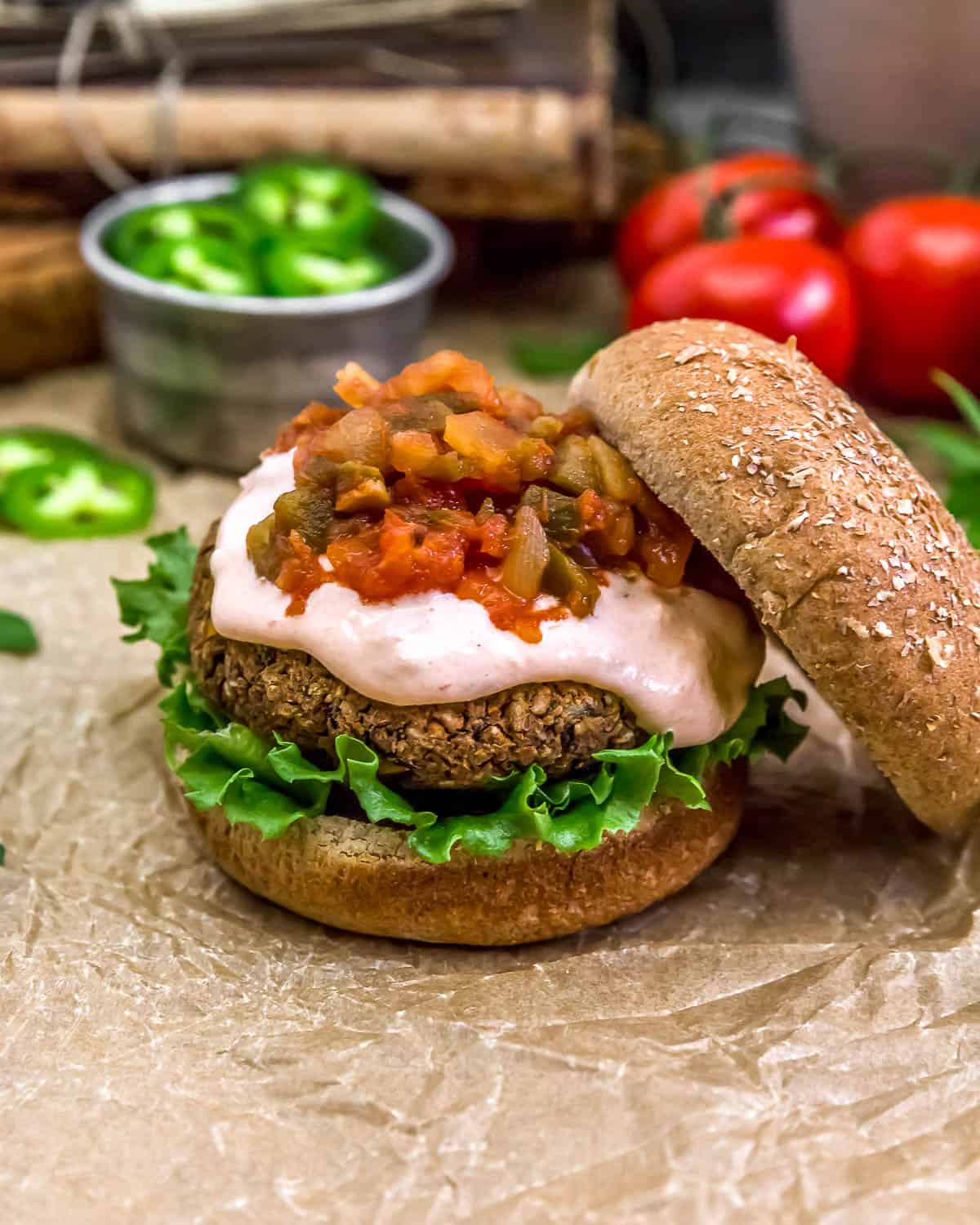Mexican Bean Burger with vegan sour cream and salsa