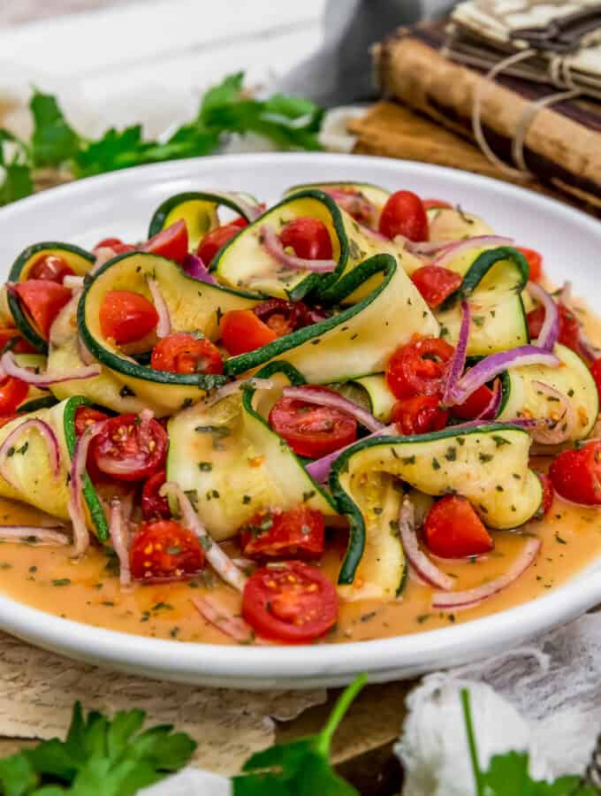 Close up of Oil Free Warm Zucchini Tomato Salad