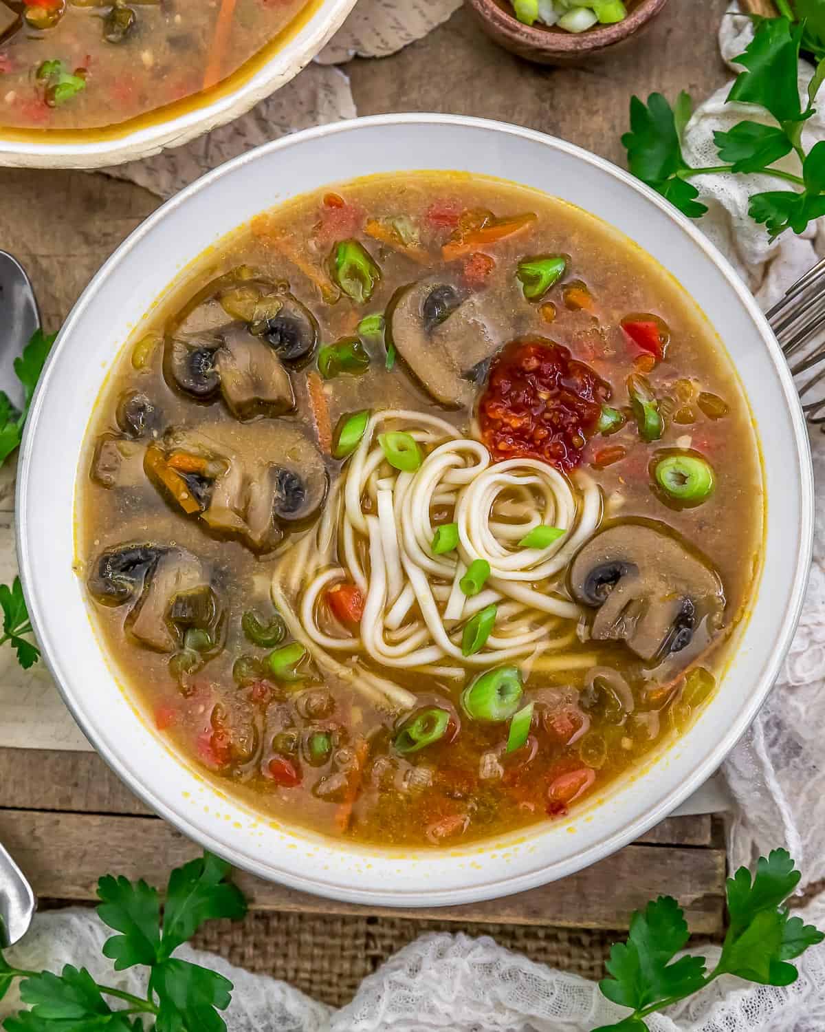 Spicy Asian Mushroom Veggie Soup with noodles