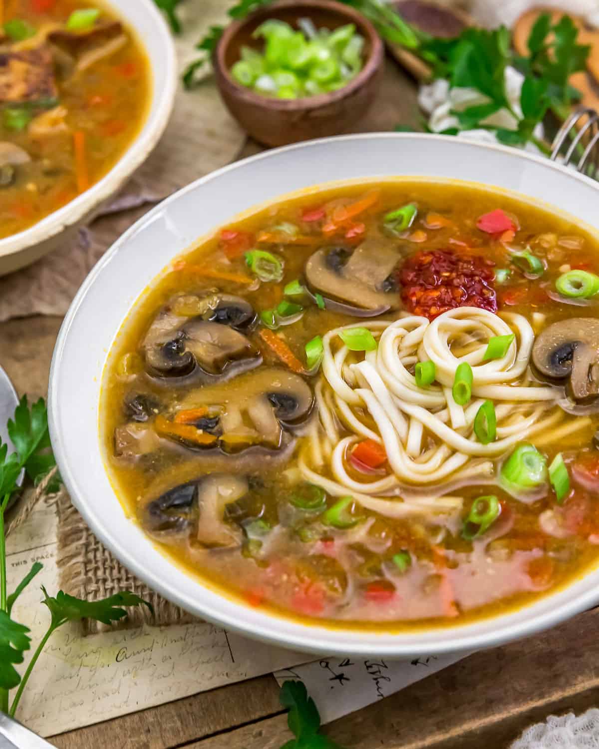 Close up of Spicy Asian Mushroom Veggie Soup