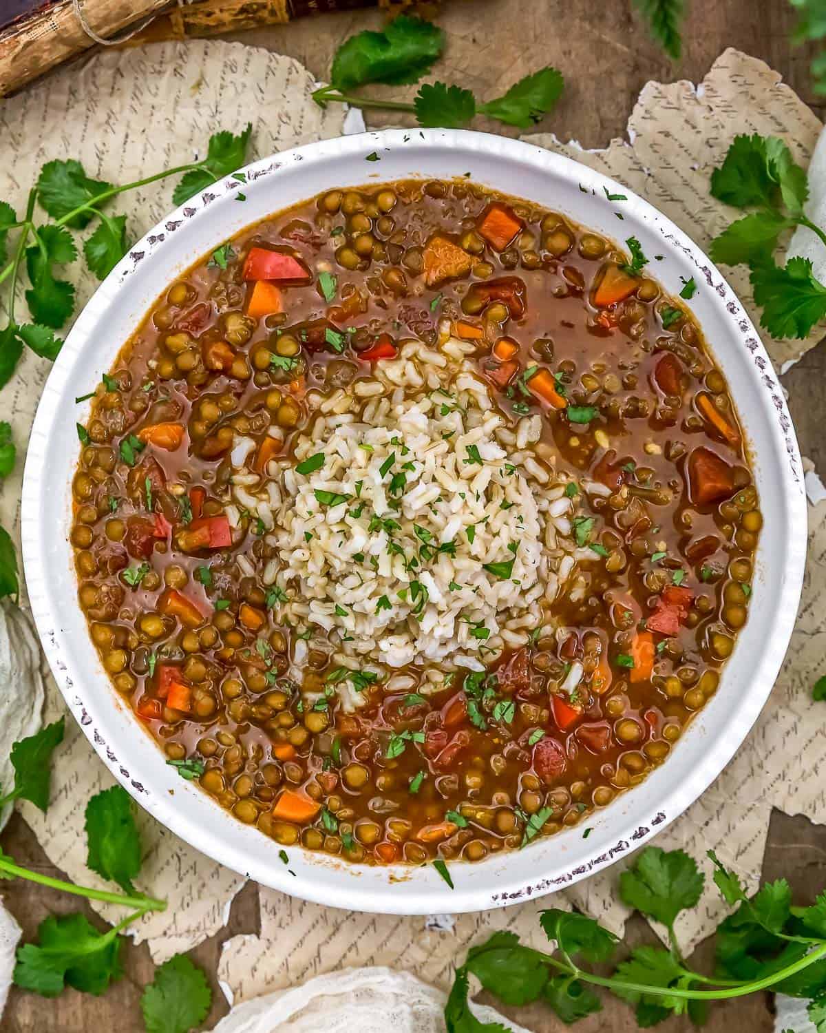 Bowl of Thai Red Curry Lentil Soup with Rice