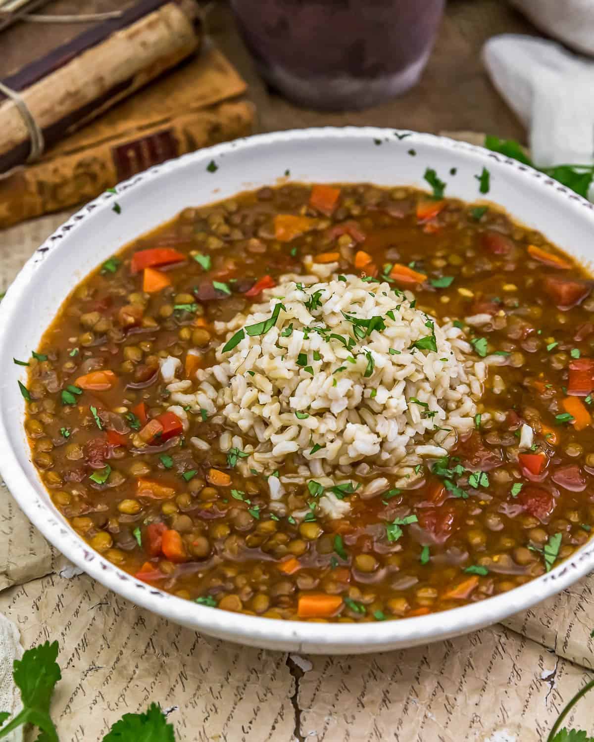 Close up of Thai Red Curry Lentil Soup with Rice