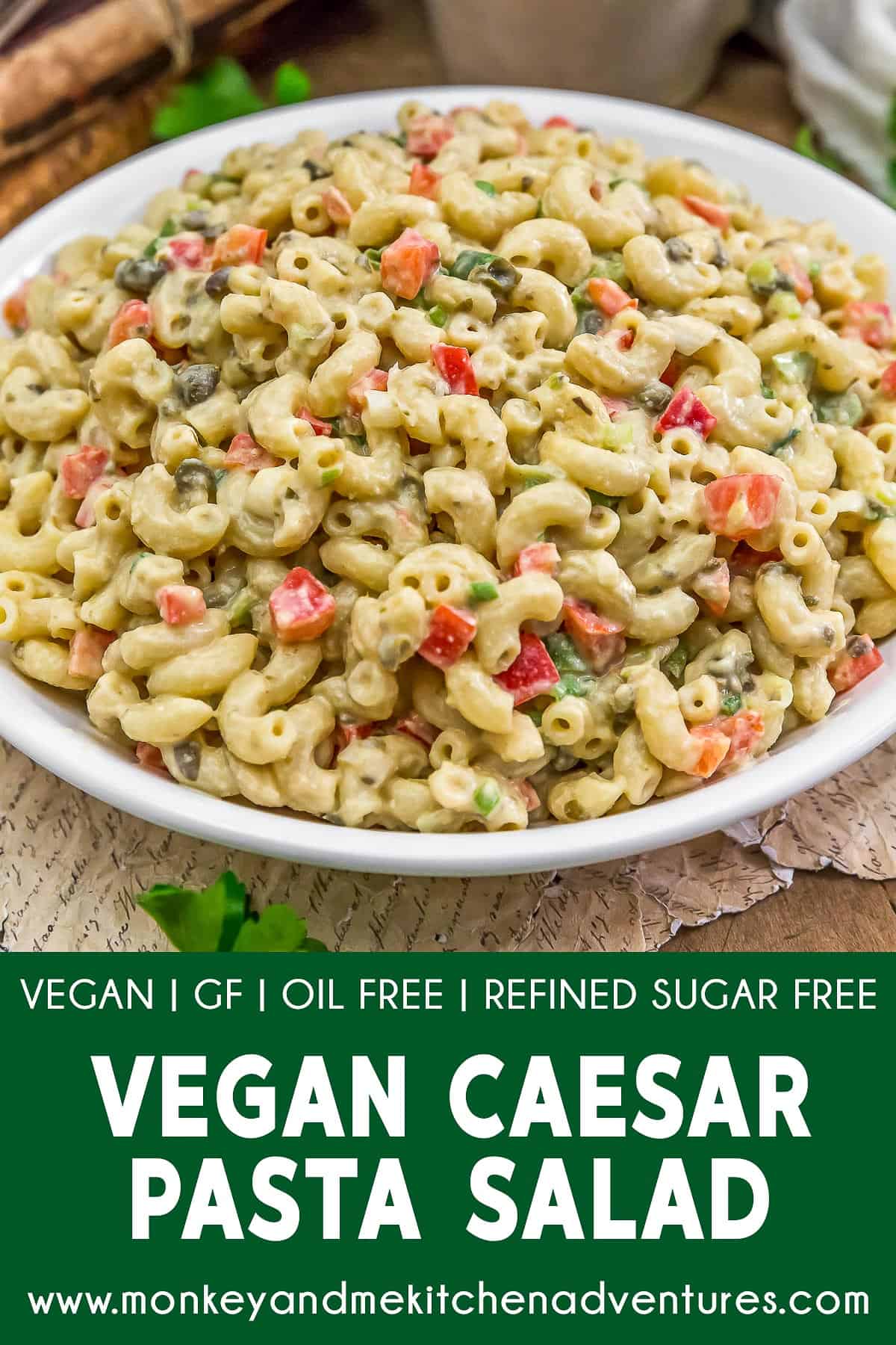 Vegan Caesar Pasta Salad with Text Description