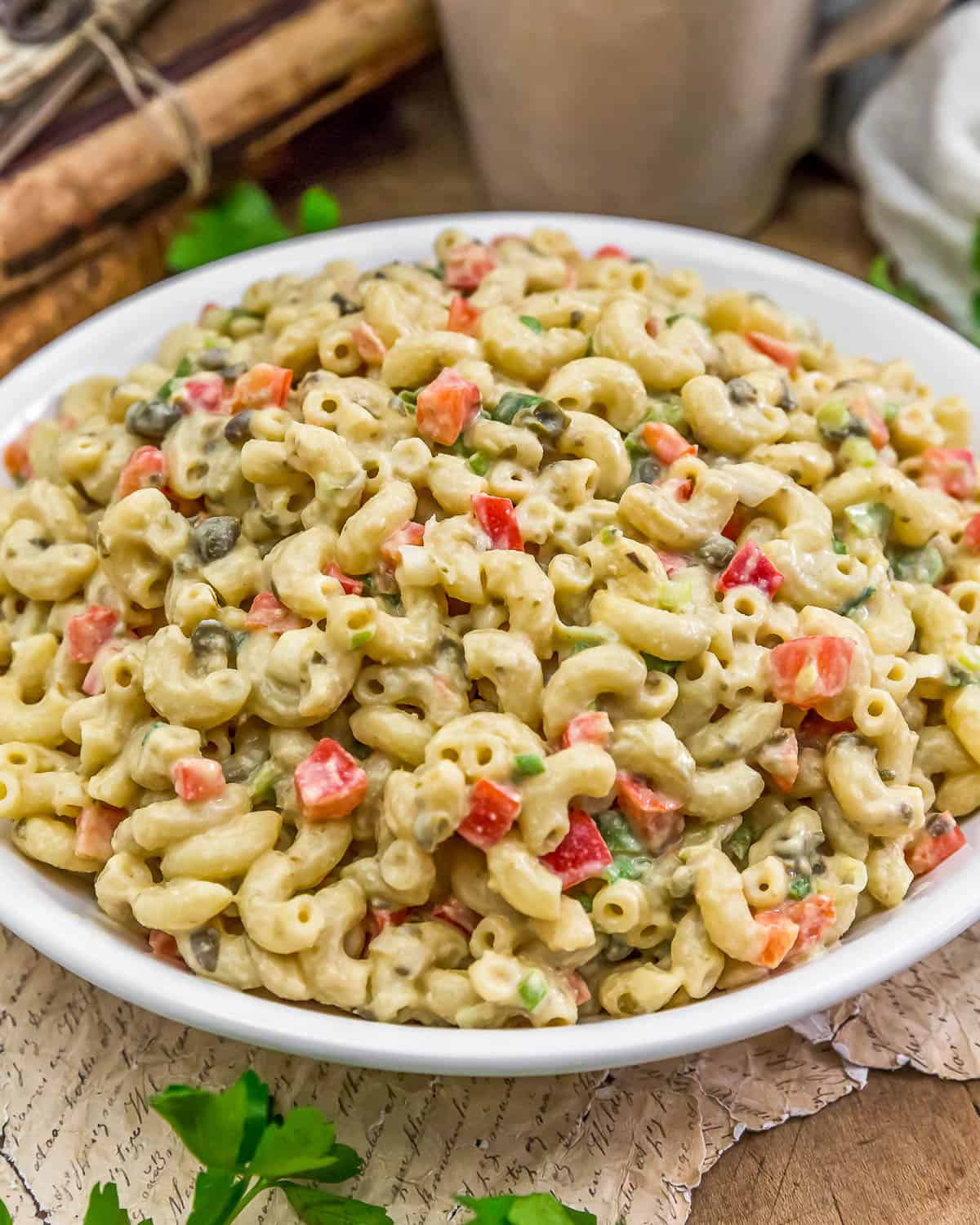 Close up of Vegan Caesar Pasta Salad