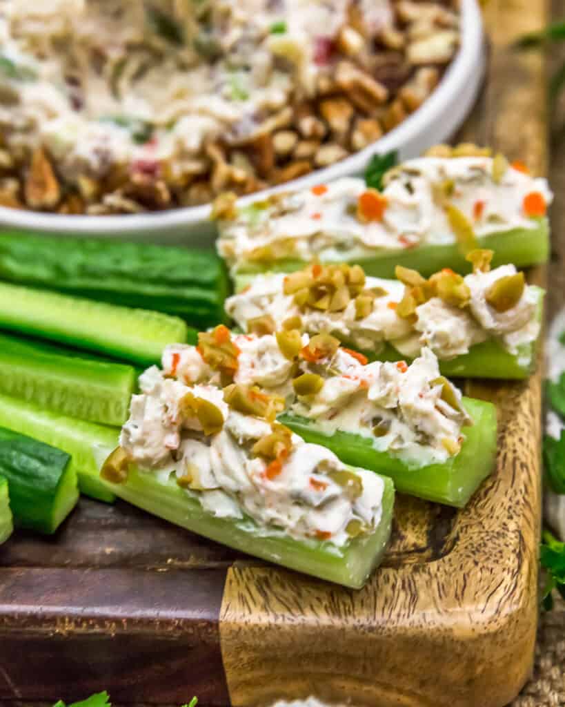 Vegan Cream Cheese Olive Stuffed Celery Monkey and Me Kitchen Adventures
