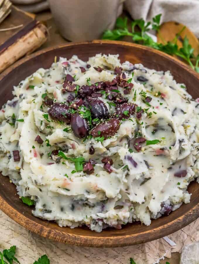 Close up of Vegan Greek Spinach Mashed Potatoes