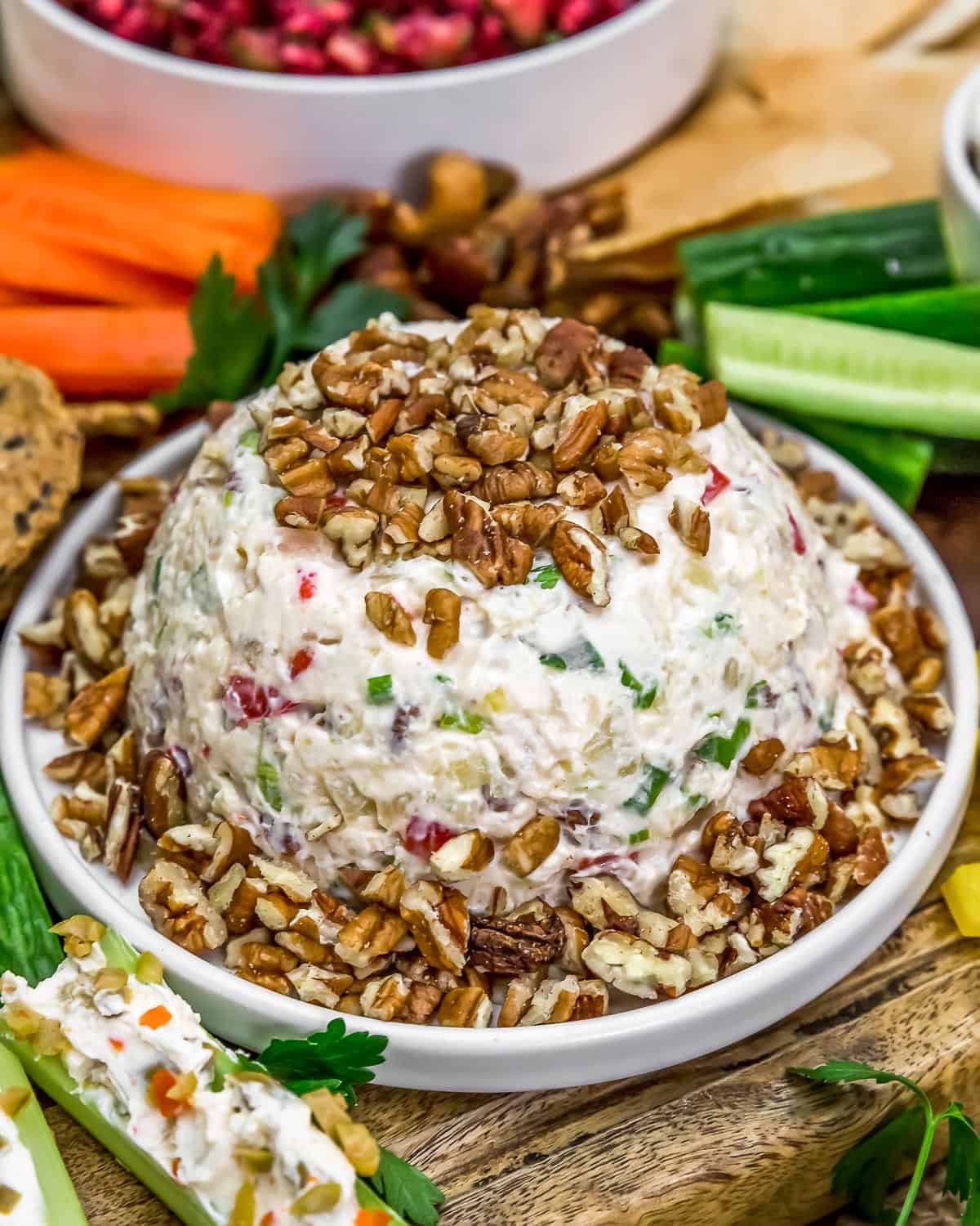 Close up of Vegan Pineapple Pecan Cheese Ball