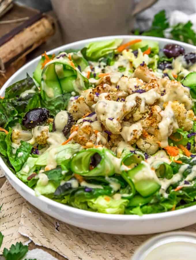 Close up of Vegan Cauliflower Caesar Salad