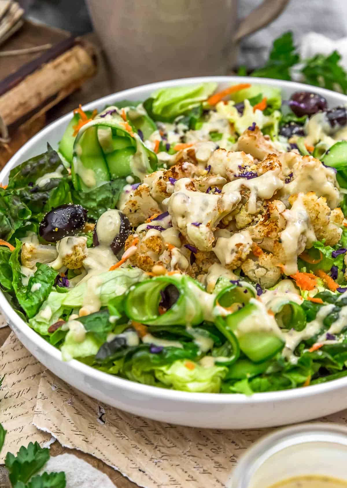Close up of Vegan Cauliflower Caesar Salad