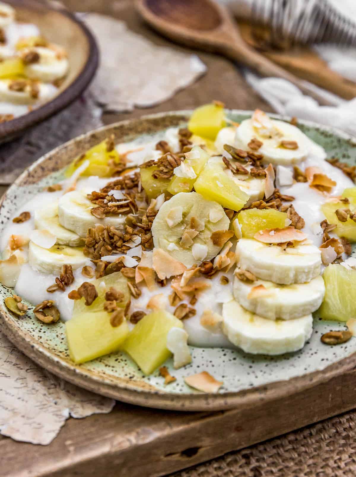 Close up of Breakfast Pina Colada Yogurt Bowl