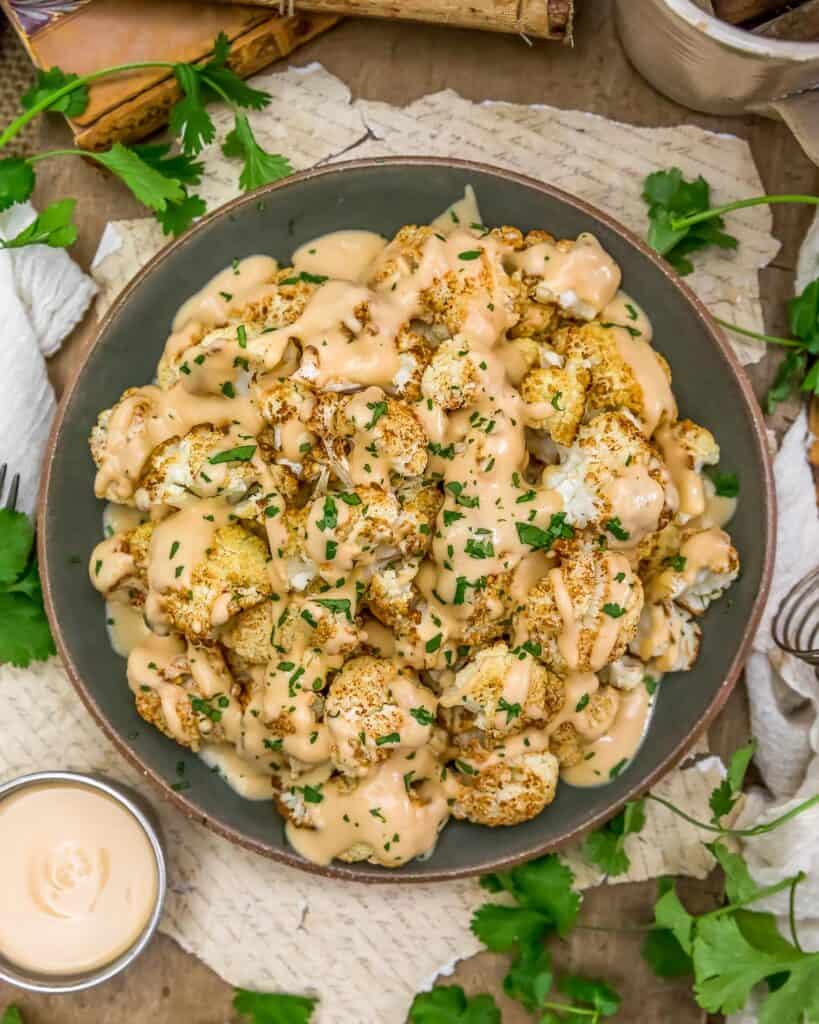 Lebanese Roasted Cauliflower with Spicy Lemon Hummus Sauce Monkey and
