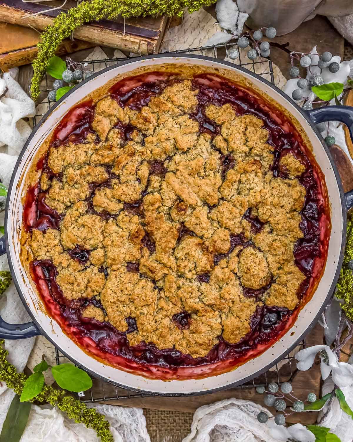 Vegan Cherry Rhubarb Cobbler in a skillet