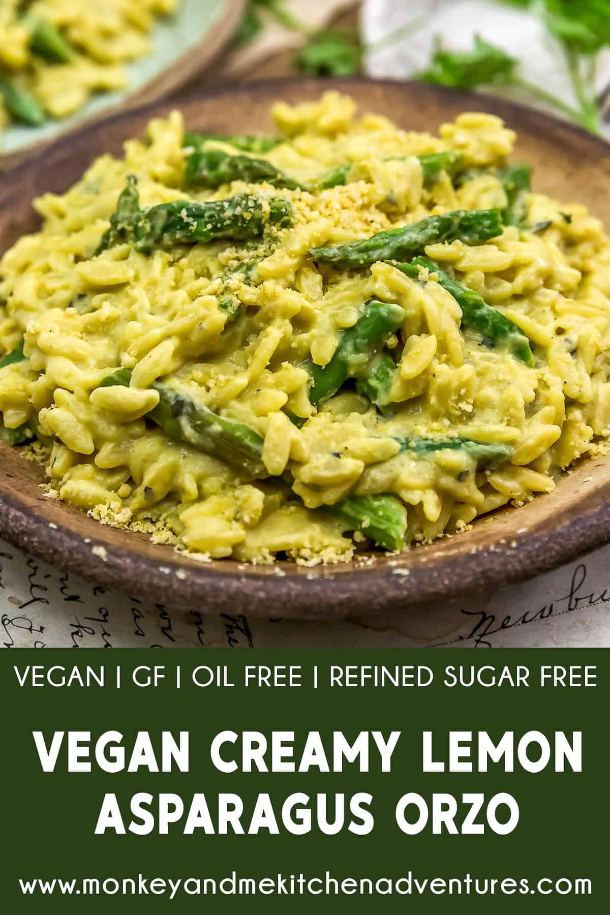 Vegan Creamy Lemon Asparagus Orzo with text description