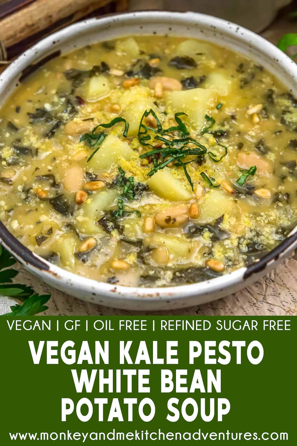 Vegan Kale Pesto White Bean Potato Soup with text description