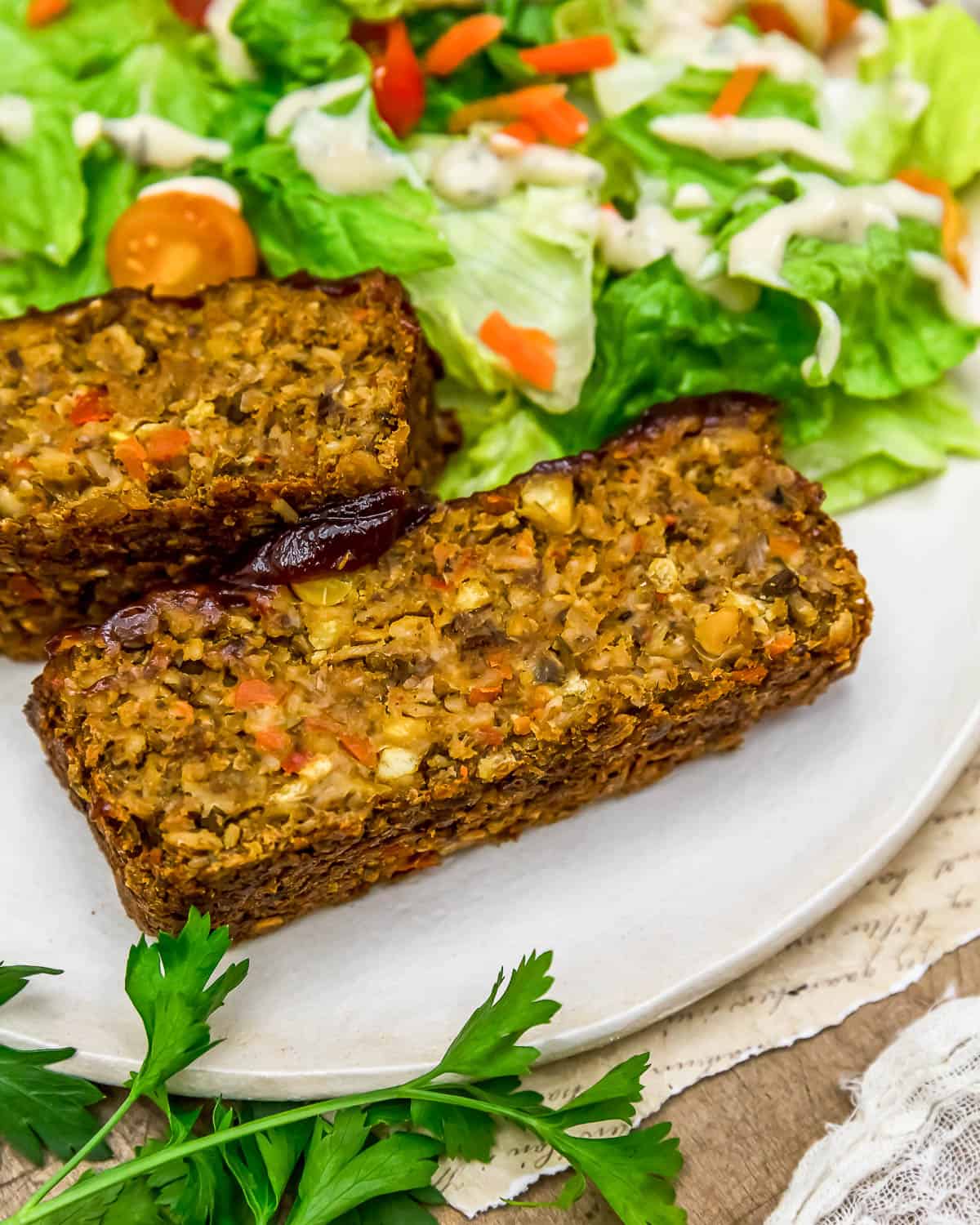 Plated Vegan Lentil Veggie Loaf