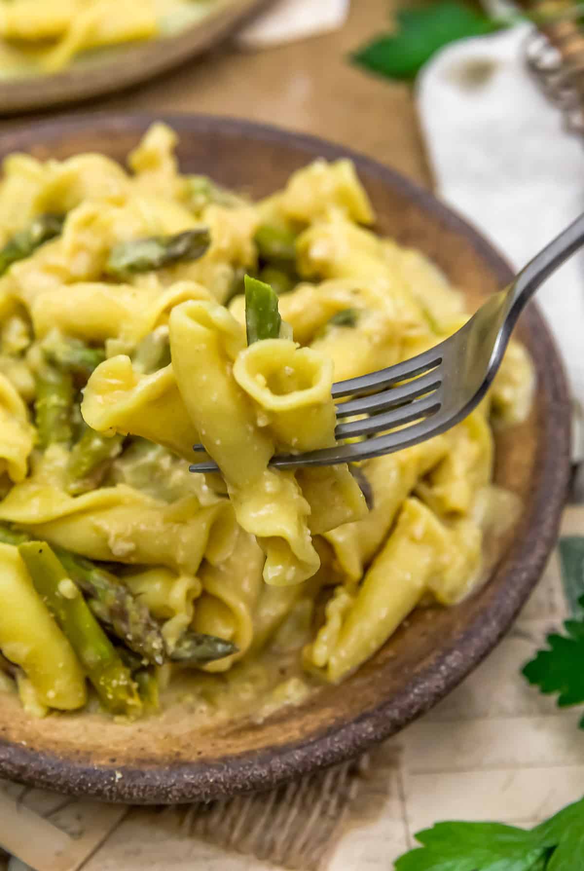 Forkful of Vegan Parmesan Asparagus Pasta