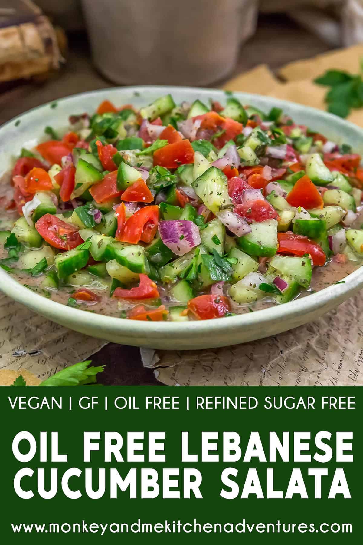 Oil Free Lebanese Cucumber Salata with text description