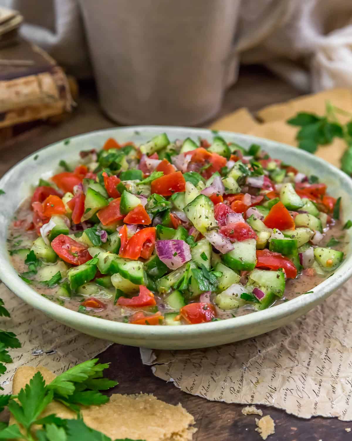 Oil Free Lebanese Cucumber Salata in a bowl