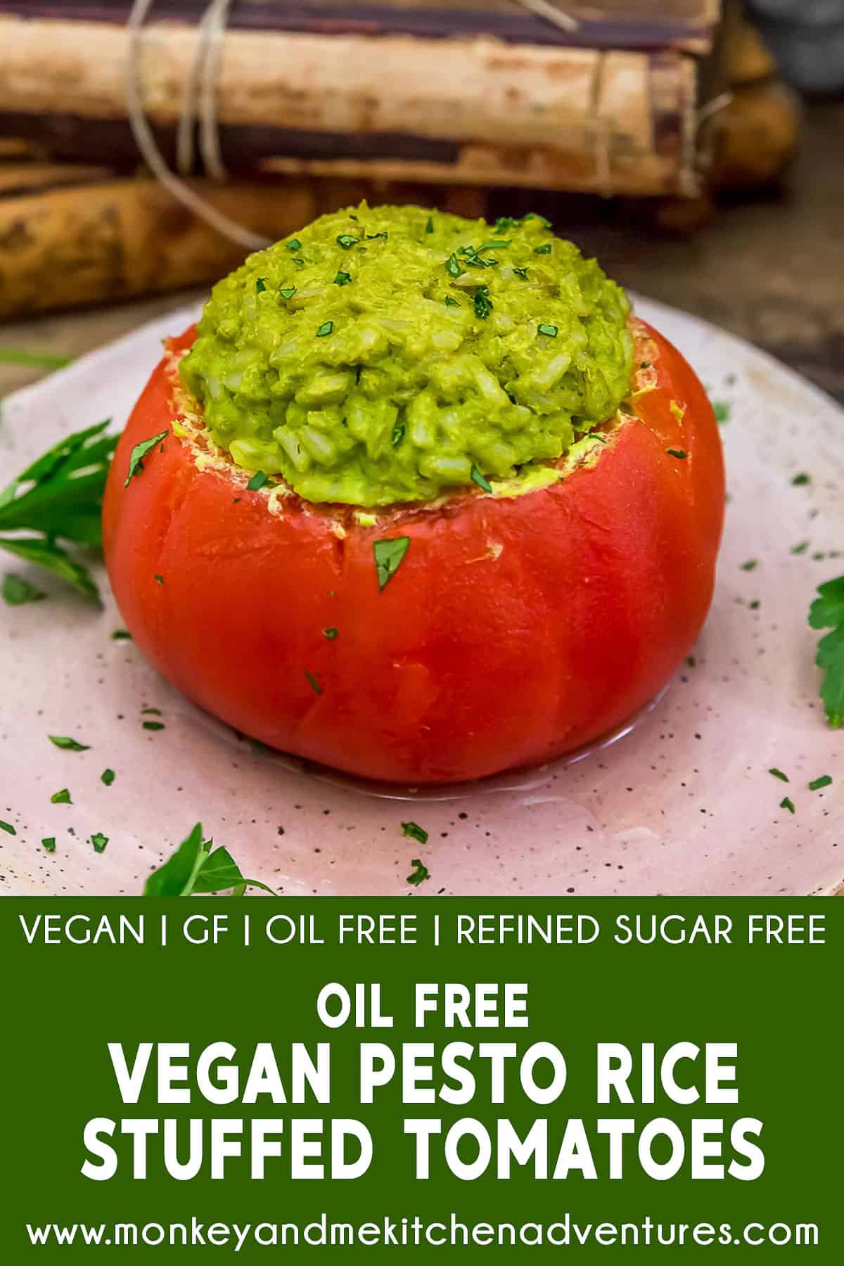 Oil Free Vegan Pesto Rice Stuffed Tomatoes with text description
