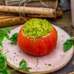 Plated Oil Free Vegan Pesto Rice Stuffed Tomato