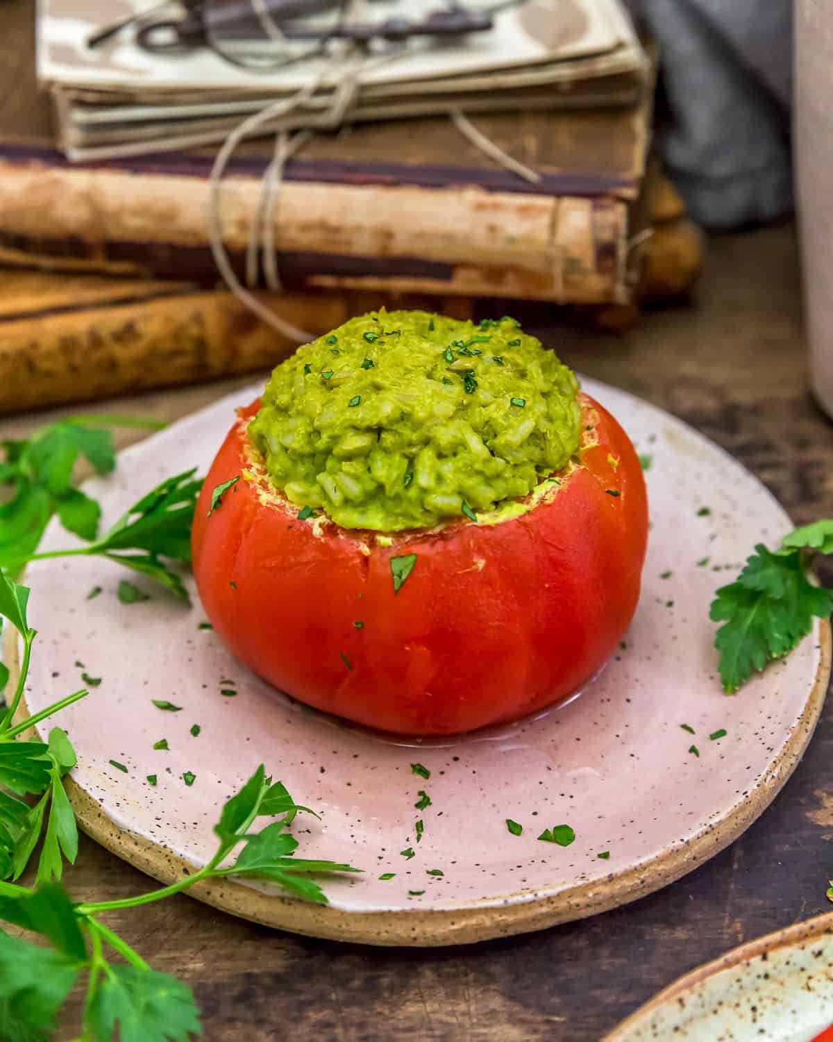 Plated Oil Free Vegan Pesto Rice Stuffed Tomato