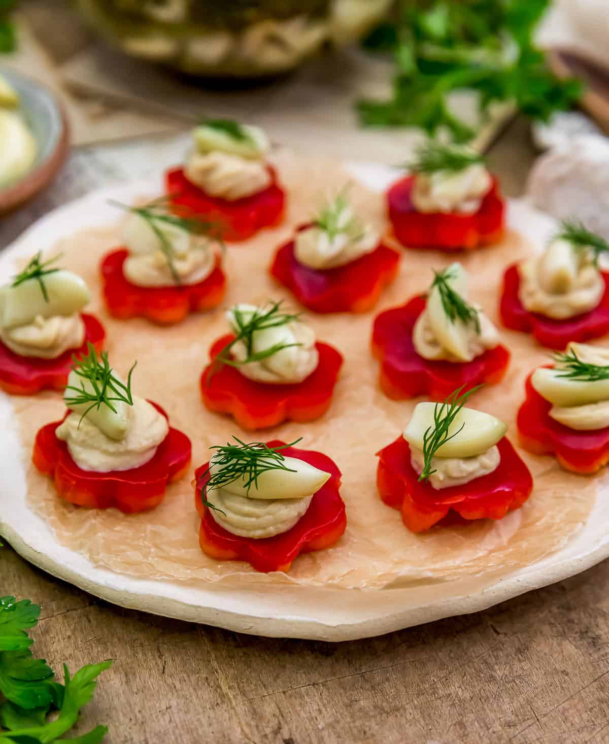 Refrigerator Pickled Garlic with Hummus and Peppers