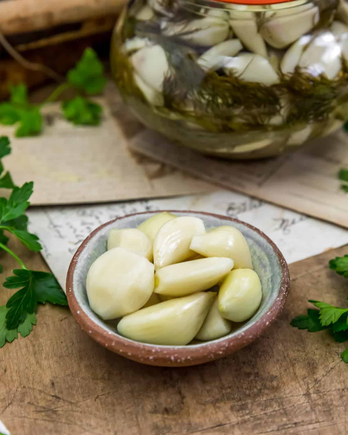 Bowl of Refrigerator Pickled Garlic