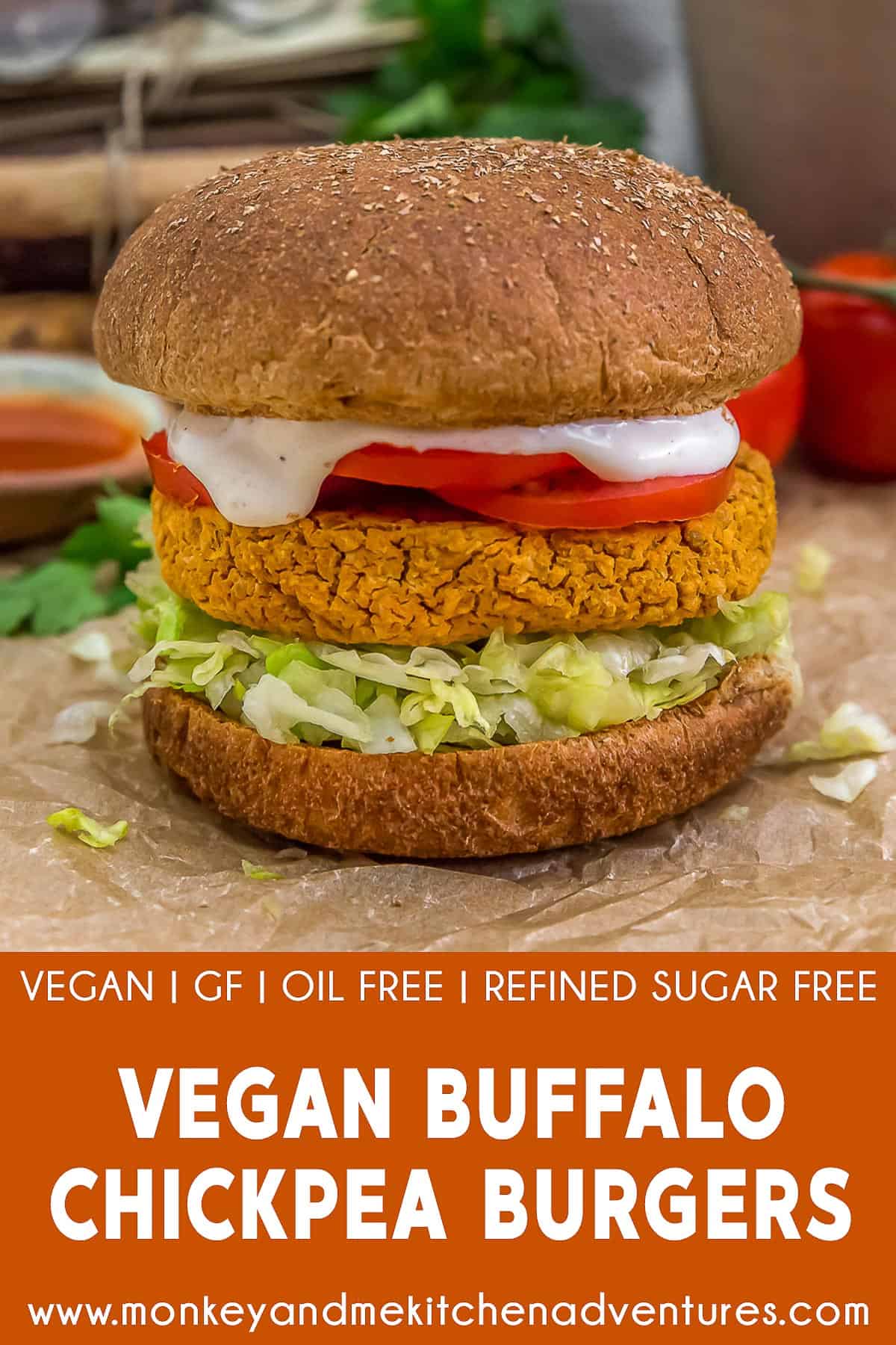 Vegan Buffalo Chickpea Burgers with text description