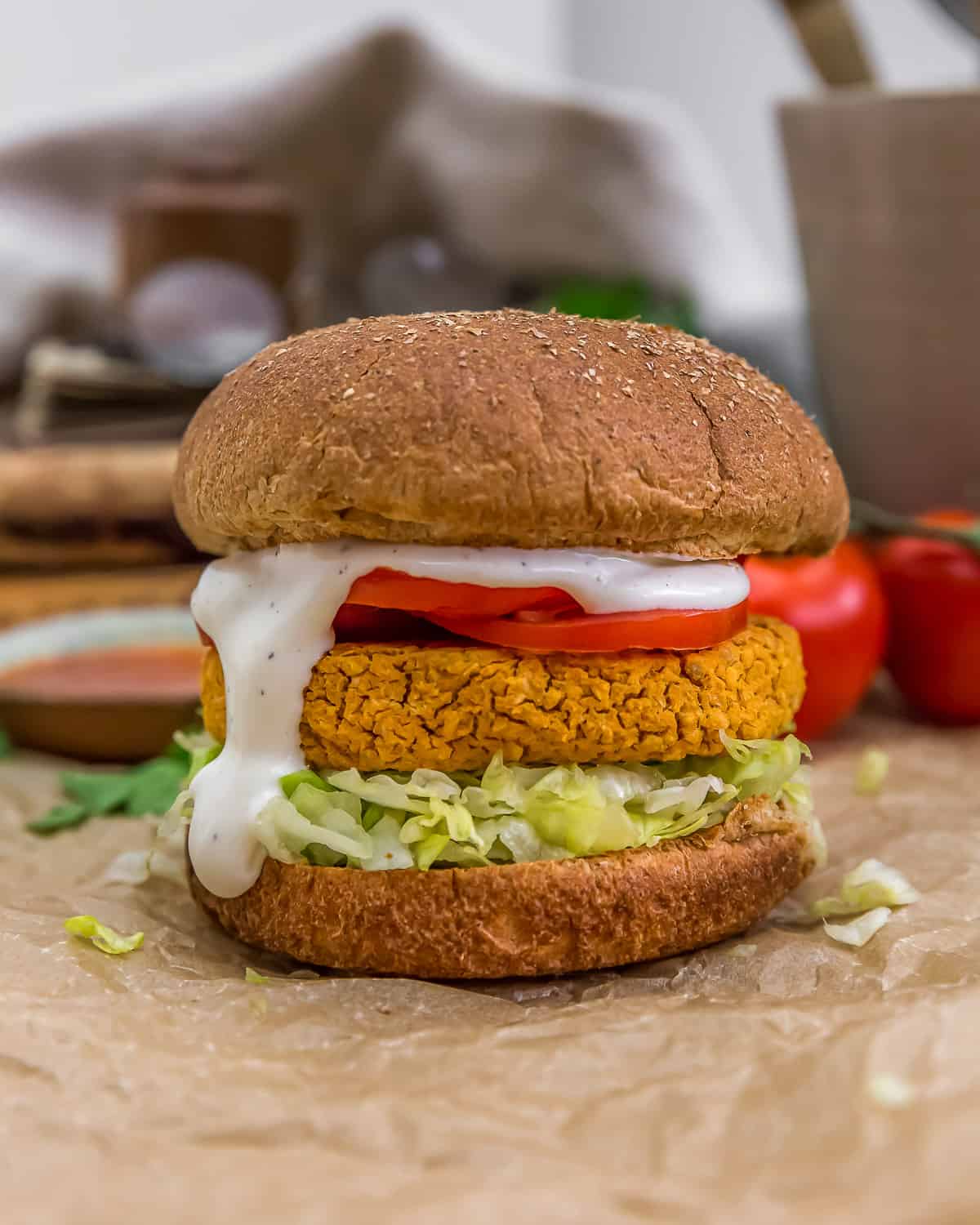 Vegan Buffalo Chickpea Burgers with ranch dressing