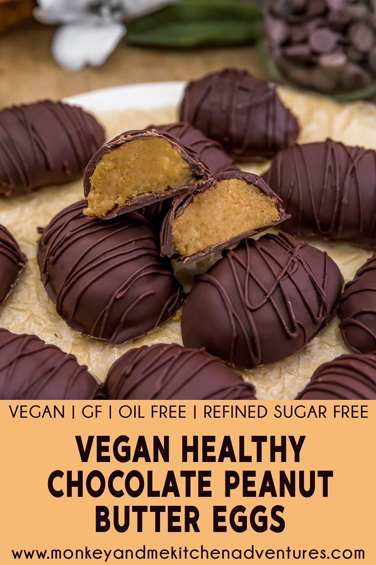 Vegan Healthy Chocolate Peanut Butter Eggs with Text Description