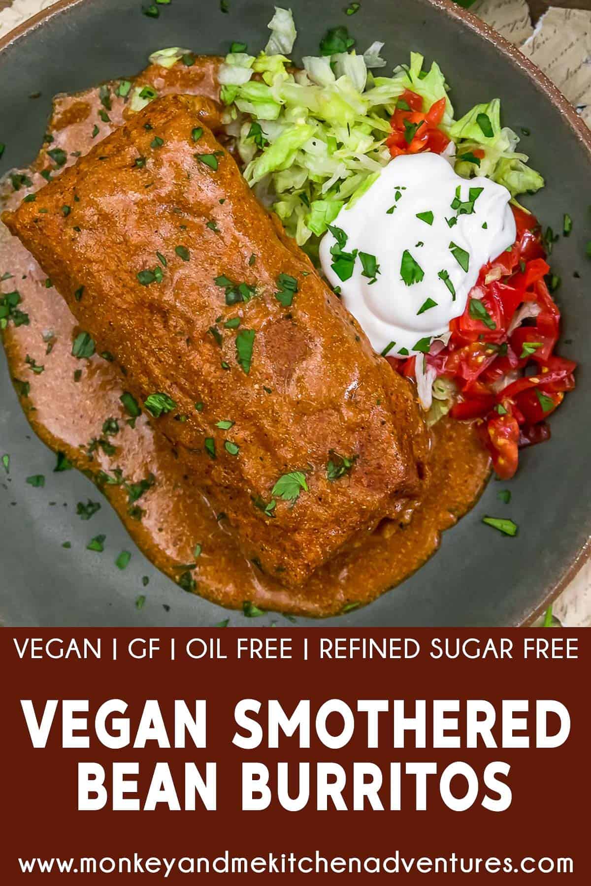 Vegan Smothered Bean Burritos with text description