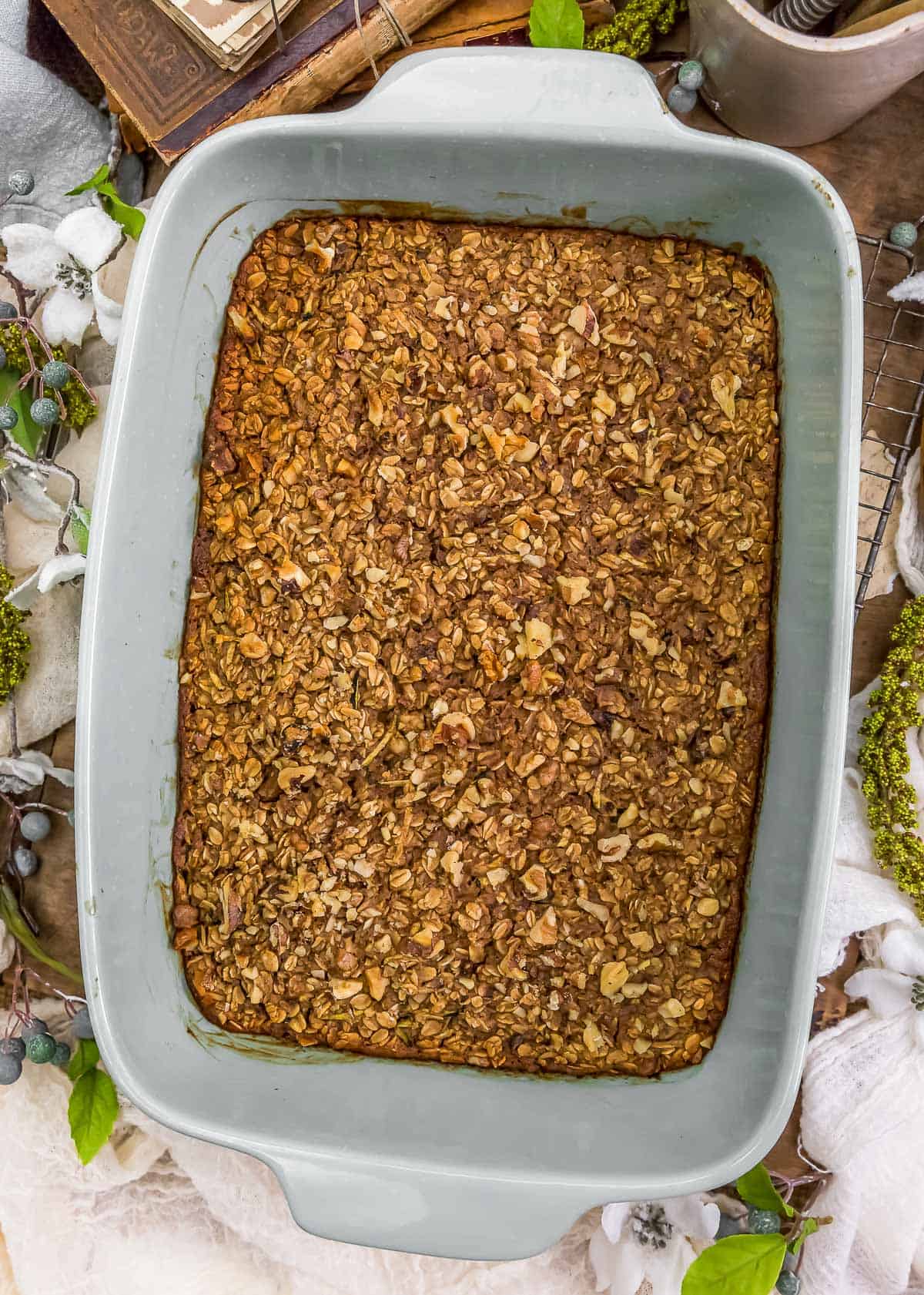 Casserole pan of Vegan Zucchini Bread Oatmeal Breakfast Bake