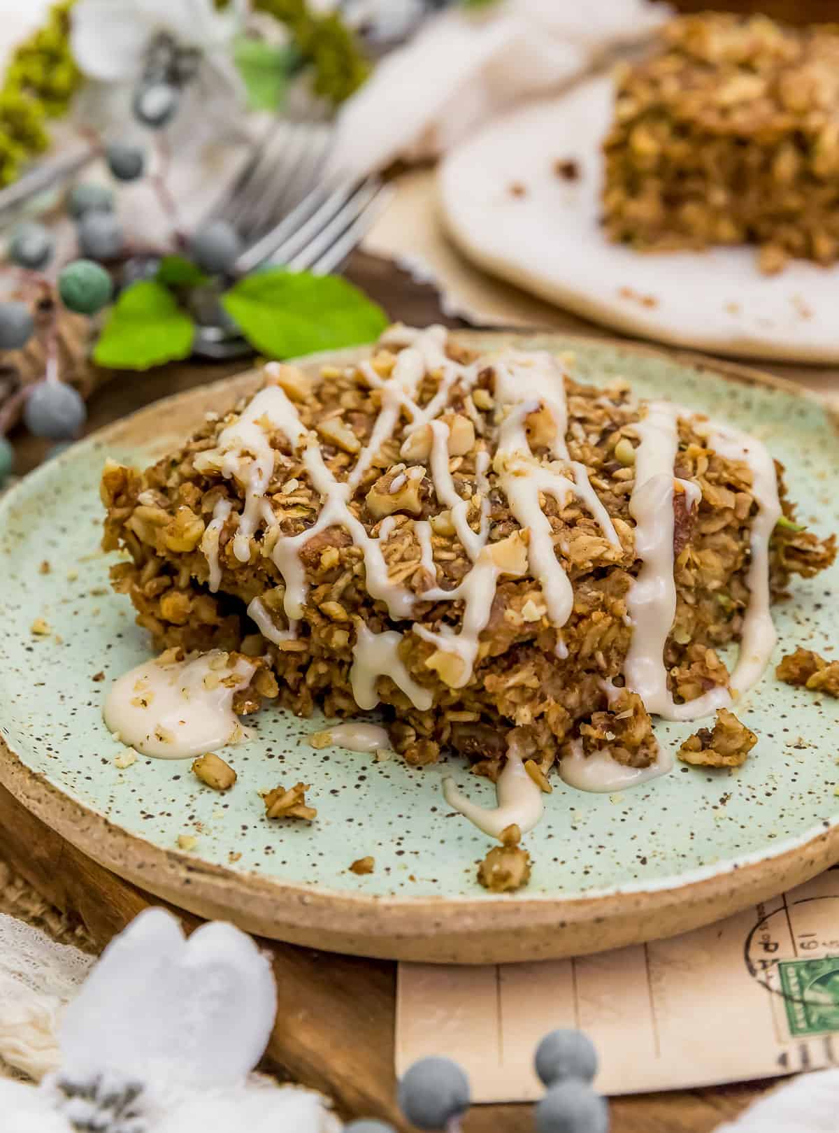 Vegan Zucchini Bread Oatmeal Breakfast Bake with cream cheese drizzle