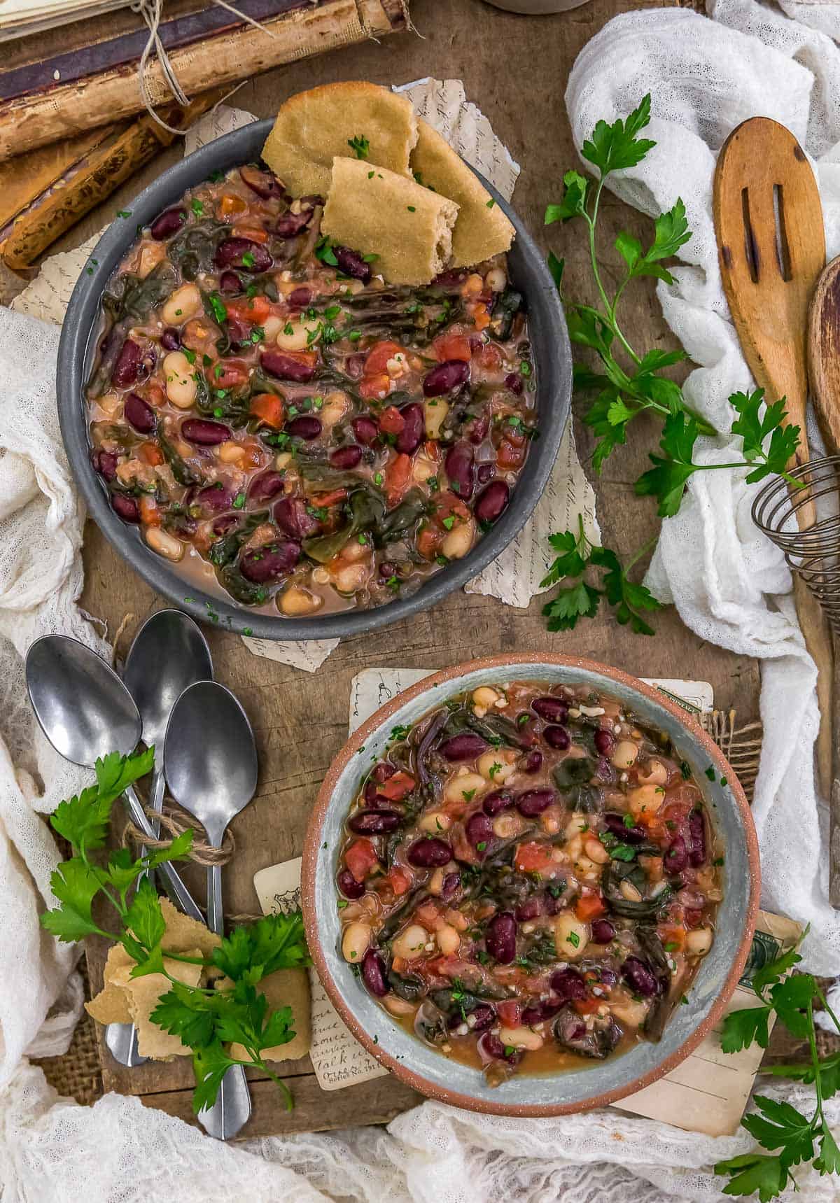 Tablescape of Dandelion Greens and Beans Skillet