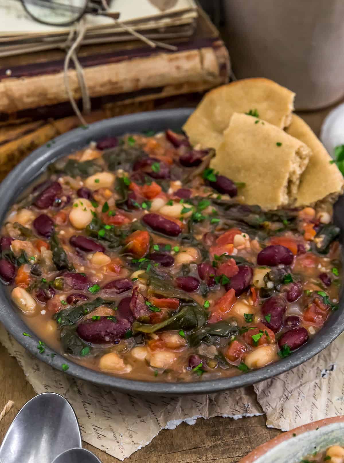 Dandelion Greens and Beans Skillet with bread