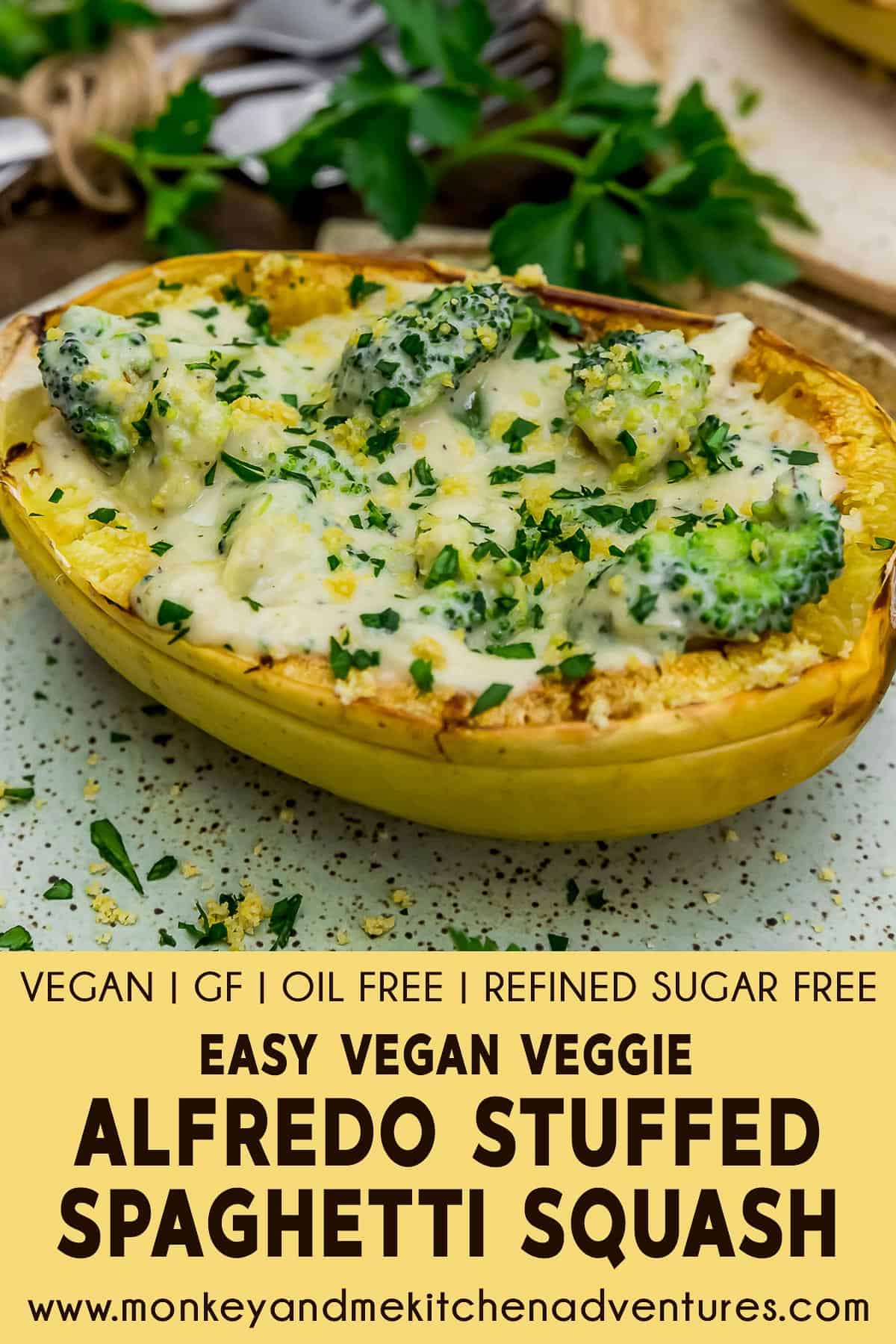 Easy Vegan Veggie Alfredo Stuffed Spaghetti Squash with text description