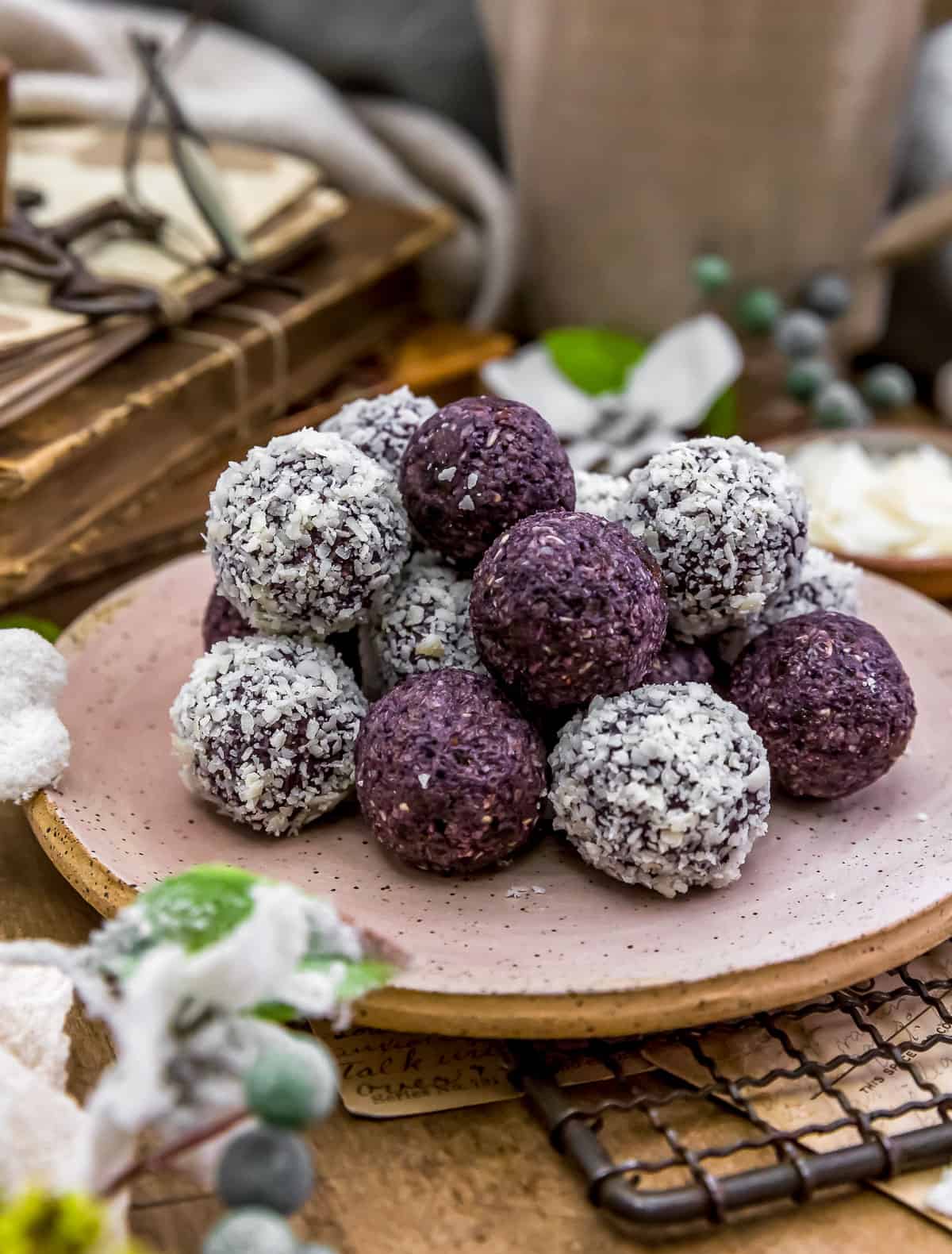 Plate of No Bake Blueberry Bliss Balls