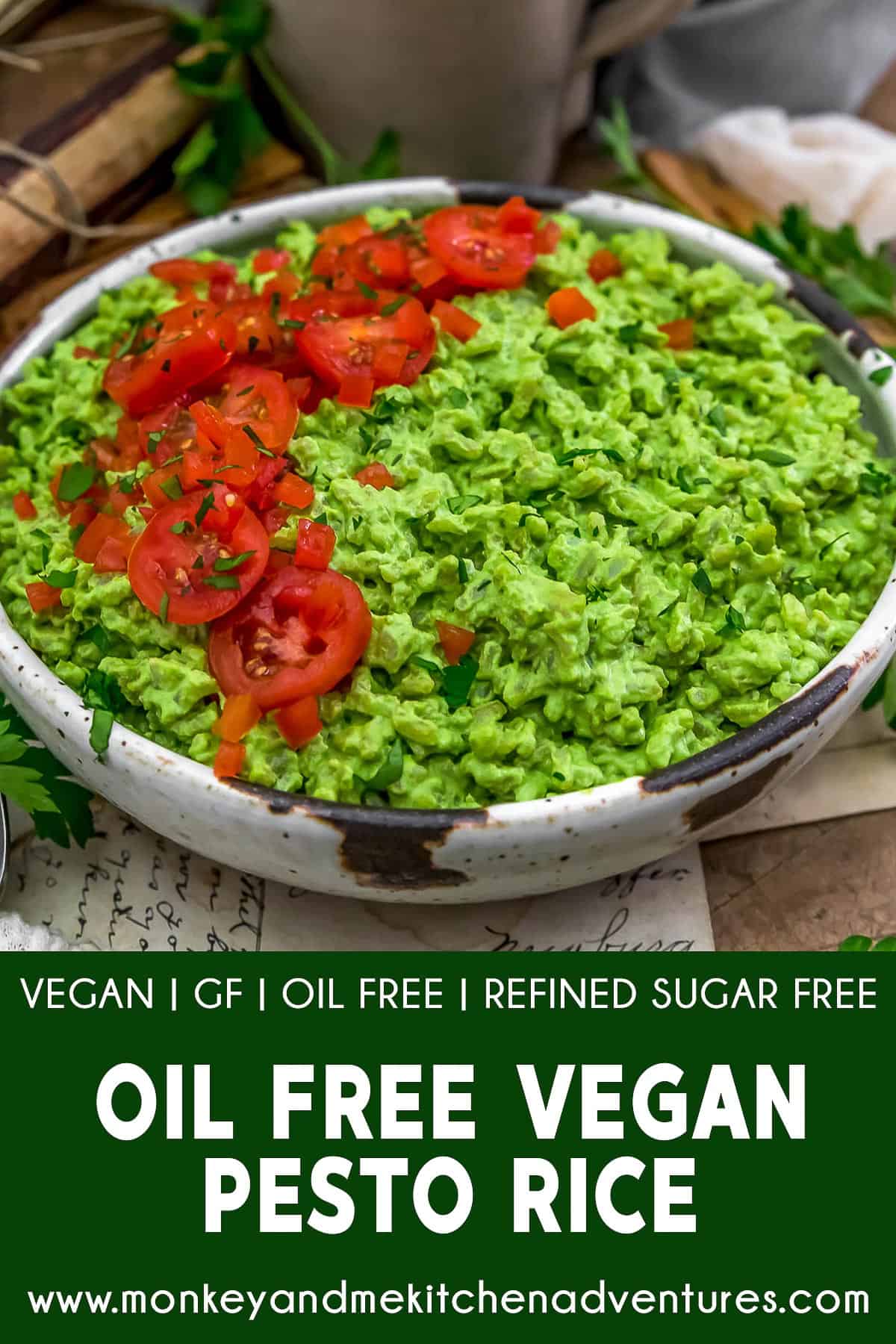 Oil Free Vegan Pesto Rice with text description