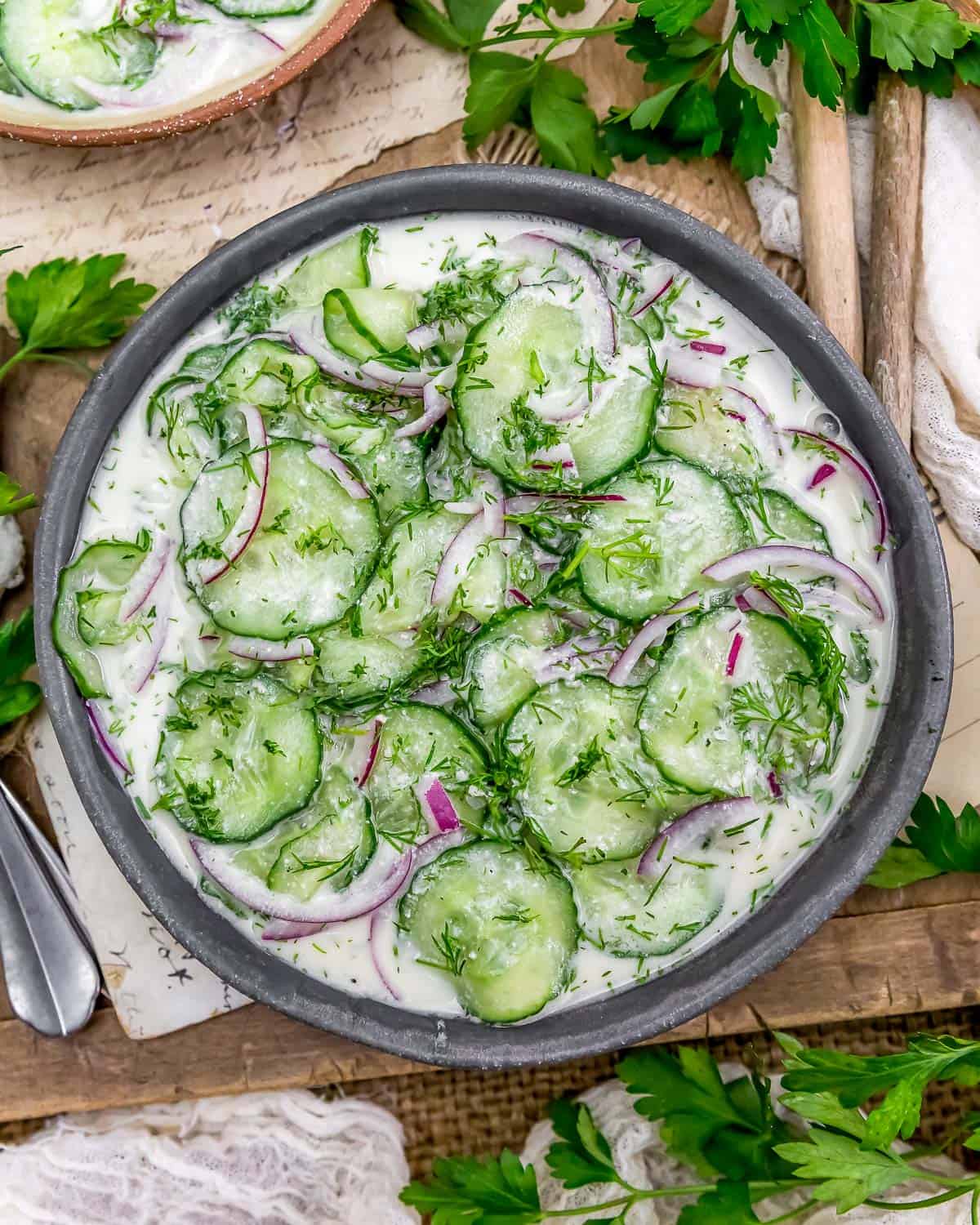 Bowl of Vegan Amish Creamy Cucumber Salad