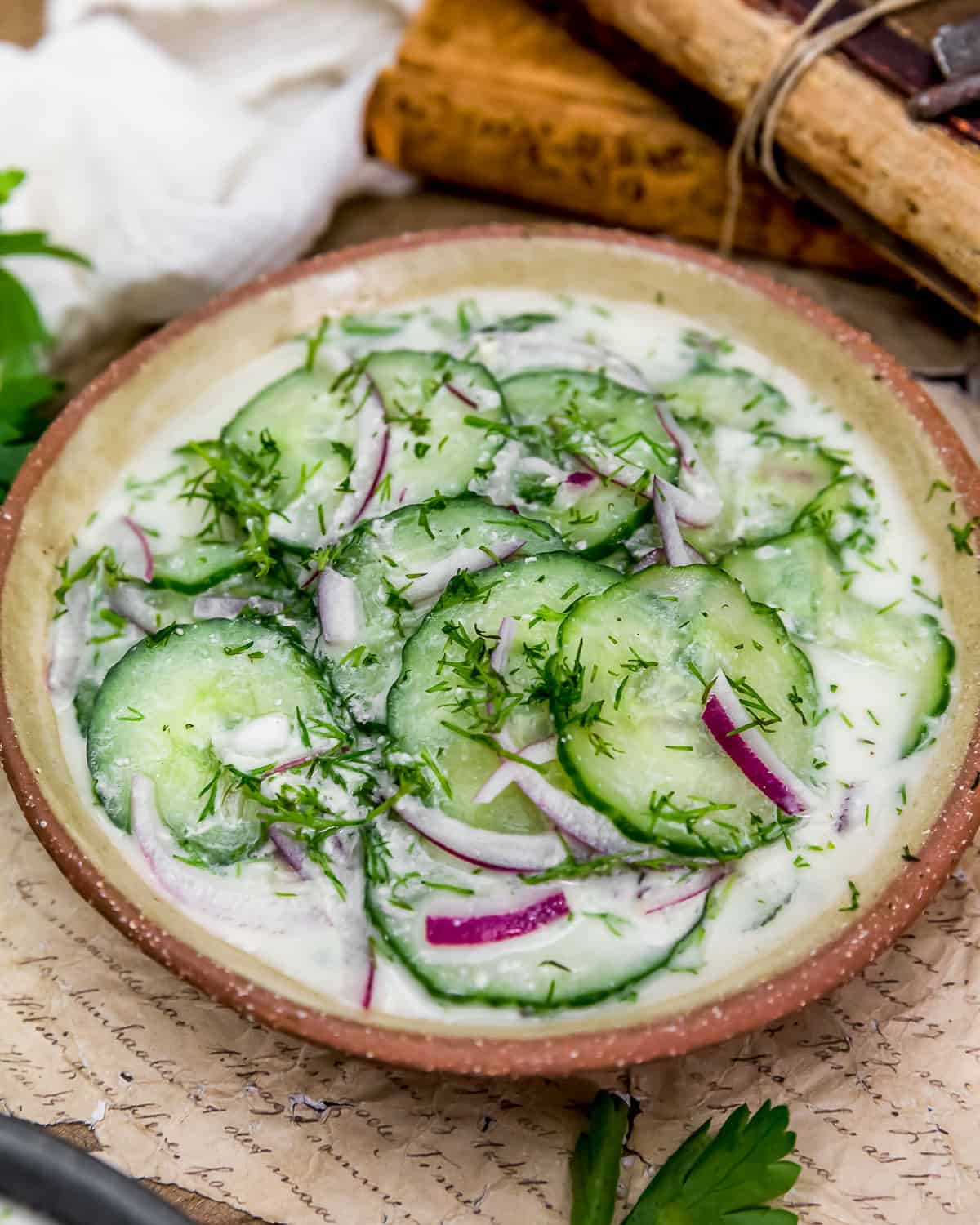 Close up of Vegan Amish Creamy Cucumber Salad