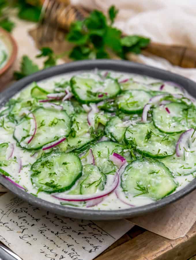 Vegan Amish Creamy Cucumber Salad in a bowl