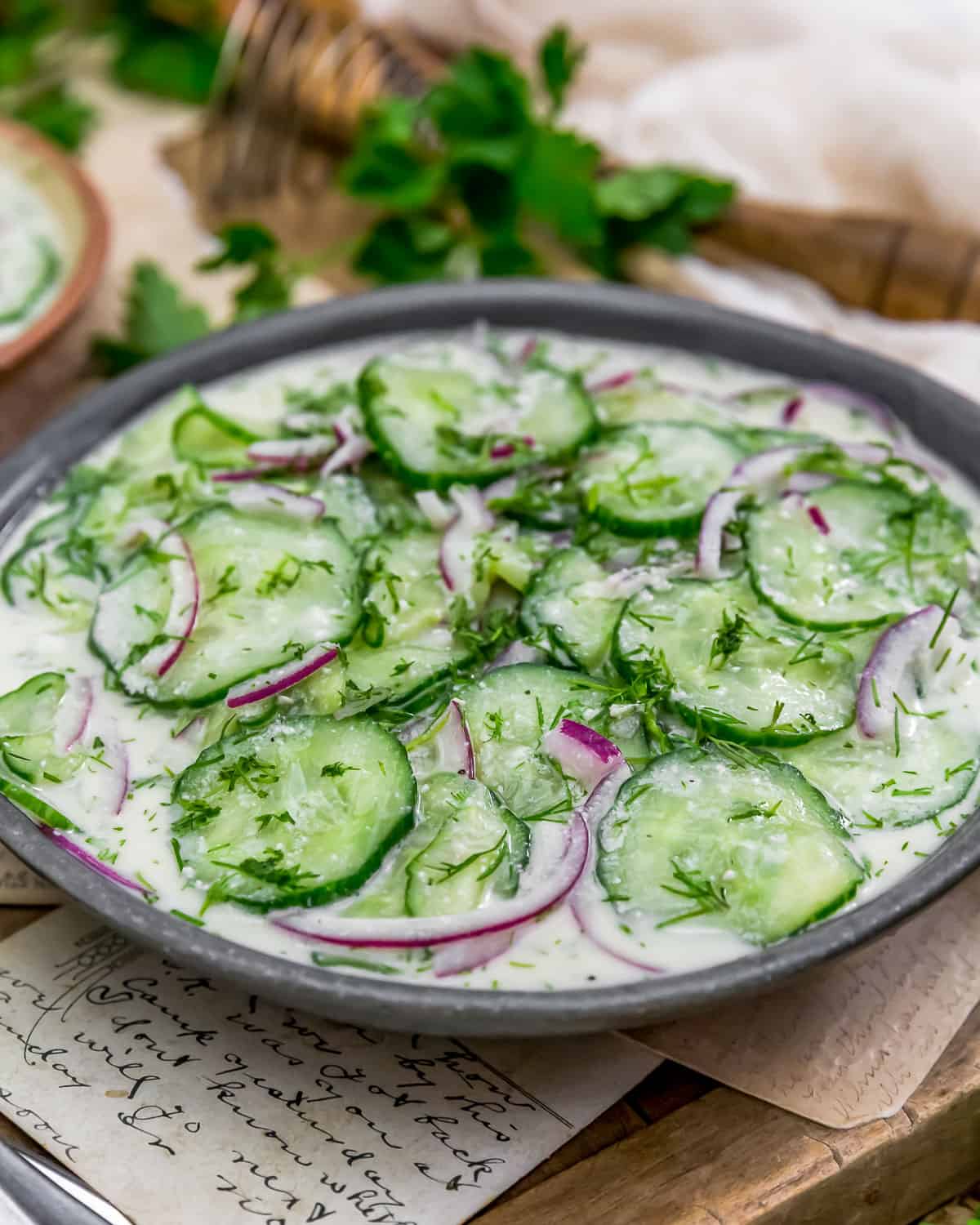 Vegan Amish Creamy Cucumber Salad in a bowl