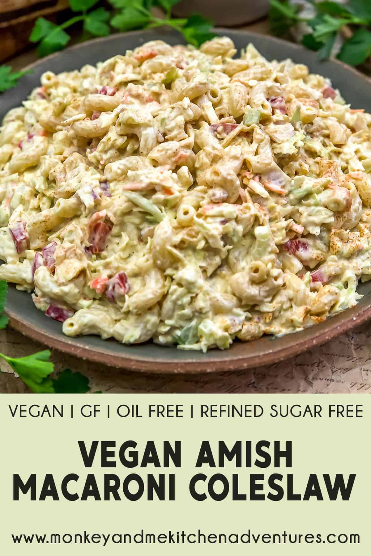 Vegan Amish Macaroni Coleslaw with text description