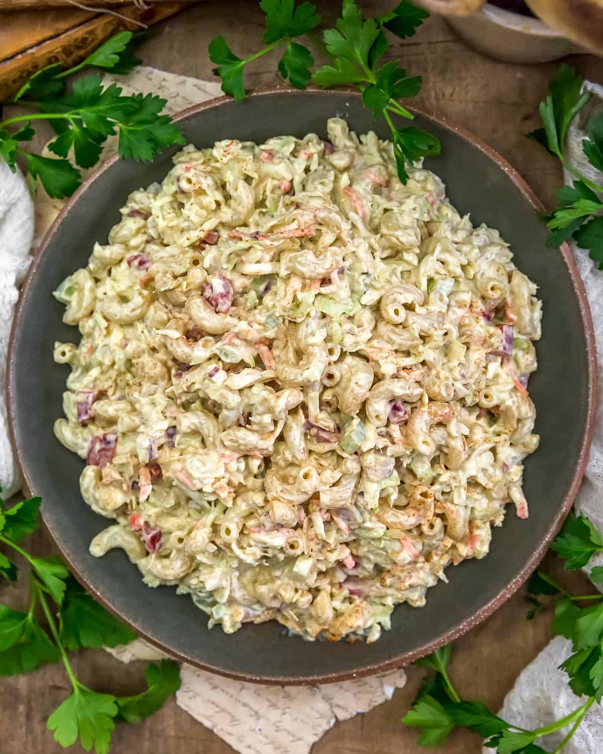 Bowl of Vegan Amish Macaroni Coleslaw