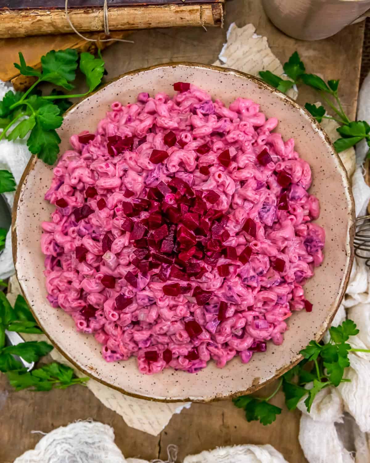 Tablescape of Vegan Beet Macaroni Salad