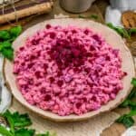 Vegan Beet Macaroni Salad in a serving bowl