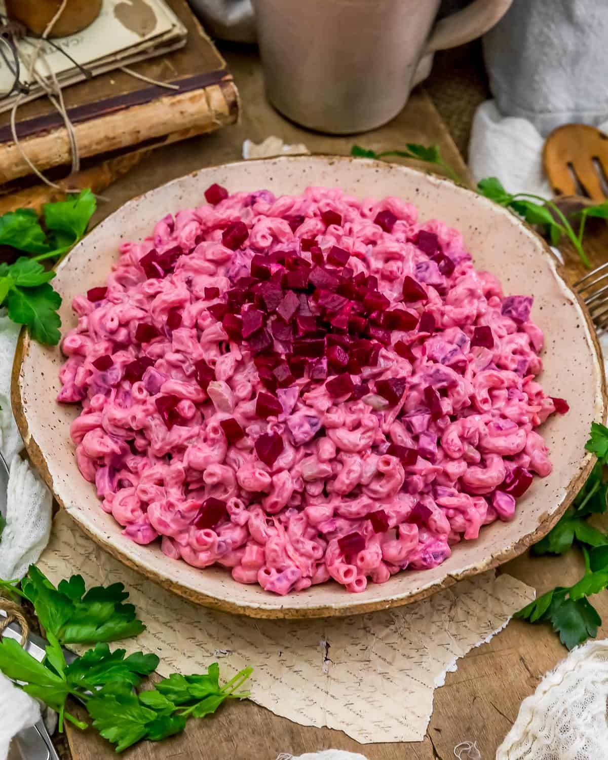 Vegan Beet Macaroni Salad in a serving bowl